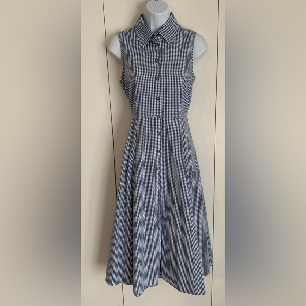 Talbots Blue and White Gingham Sleeveless Midi Shirt Dress